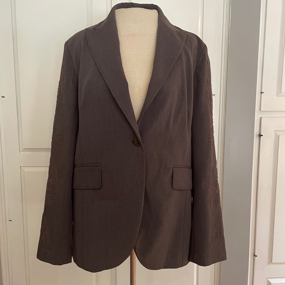 Worthington Stretch Blazer‎ Women's Size 12 Brown Embroidered Career Office Boho